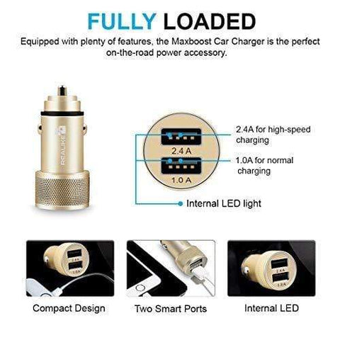 Image of REALIKE®Car Charger,USB Car Quick Charger Metal Dual Car Adapter, Compatible with iPhone Xs XS Max XR X 8 7 Plus, iPad Pro Air Mini, Galaxy S9, Nexus, LG, HTC and More (Black)