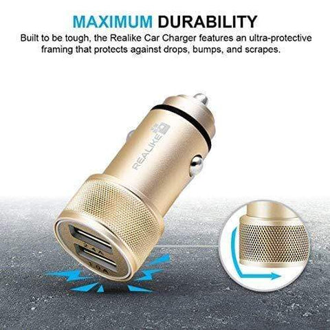 Image of REALIKE®Car Charger,USB Car Quick Charger Metal Dual Car Adapter, Compatible with iPhone Xs XS Max XR X 8 7 Plus, iPad Pro Air Mini, Galaxy S9, Nexus, LG, HTC and More (Black)