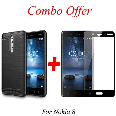 Image of REALIKE® Nokia 8 Back Case with Screen Protector Combo, Carbon Fiber Premium Quality Back Case with 9H Full Coverage HD Clear Tempered Glass for Nokia 8 (Black)