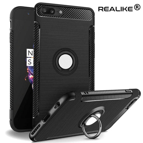 Image of REALIKE® OnePlus 5 Cover, Aemotoy Protective Armor Bumper W 360 Degrees Ring Kickstand Shockproof Defender Case For OnePlus Five - Carbon Black