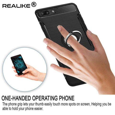 Image of REALIKE® OnePlus 5 Cover, Aemotoy Protective Armor Bumper W 360 Degrees Ring Kickstand Shockproof Defender Case For OnePlus Five - Carbon Black