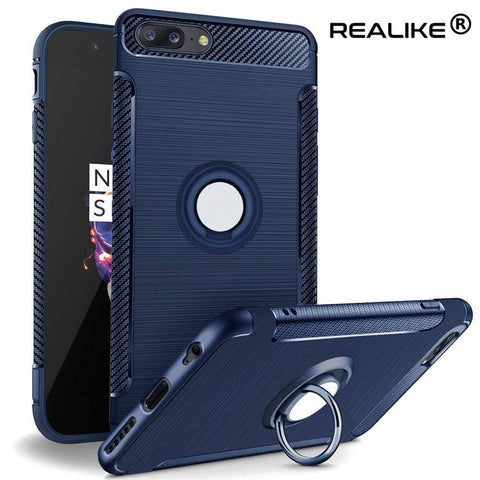 Image of REALIKE® OnePlus 5 Cover, Aemotoy Protective Armor Bumper W 360 Degrees Ring Kickstand Shockproof Defender Case For OnePlus Five - Carbon Blue