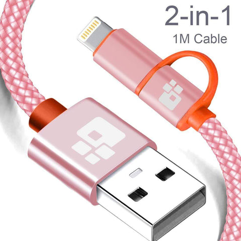 Image of REALIKE®Two in One, USB Data Cable,High Speed Data Transfer & Charging, Durable Nylon Braided Cable, Compatible with iPhone/iPad and Type C Devices. One Meter Length {1 Year Warranty}