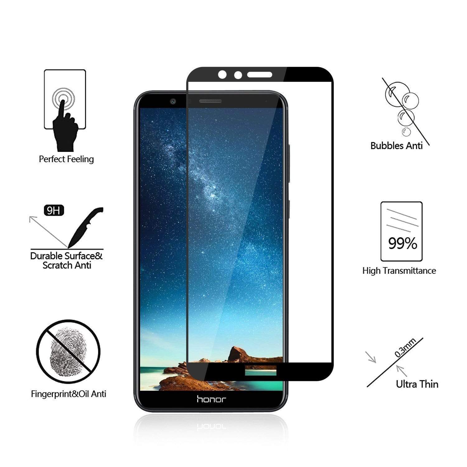 Honor 7X Screen Protector, REALIKE&reg; 3D Touch 9H Full Coverage HD Clear Tempered Glass for Honor 7X (Black) (BLACK)