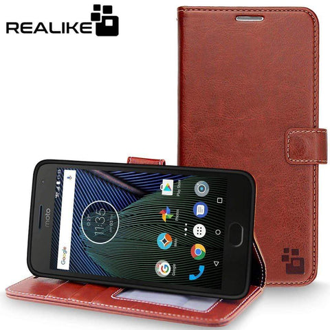 Image of Moto G5 Cover, REALIKE&trade; {Imported} Shockproof Premium Leather Wallet Flip Case Cover For Moto G5 [Royal Brown]