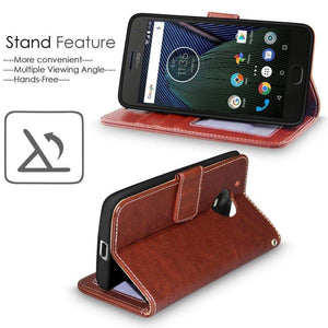 Moto G5 Cover, REALIKE&trade; {Imported} Shockproof Premium Leather Wallet Flip Case Cover For Moto G5 [Royal Brown]