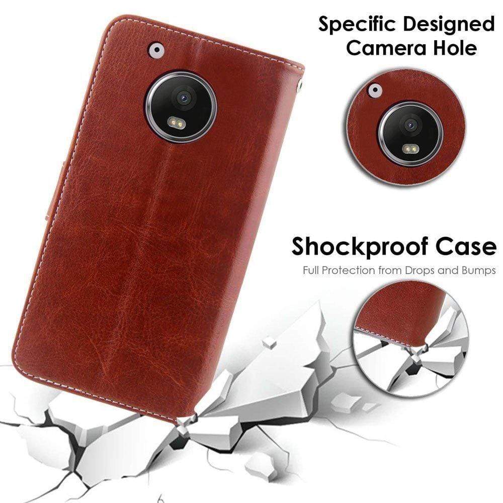 Moto G5 Cover, REALIKE&trade; {Imported} Shockproof Premium Leather Wallet Flip Case Cover For Moto G5 [Royal Brown]