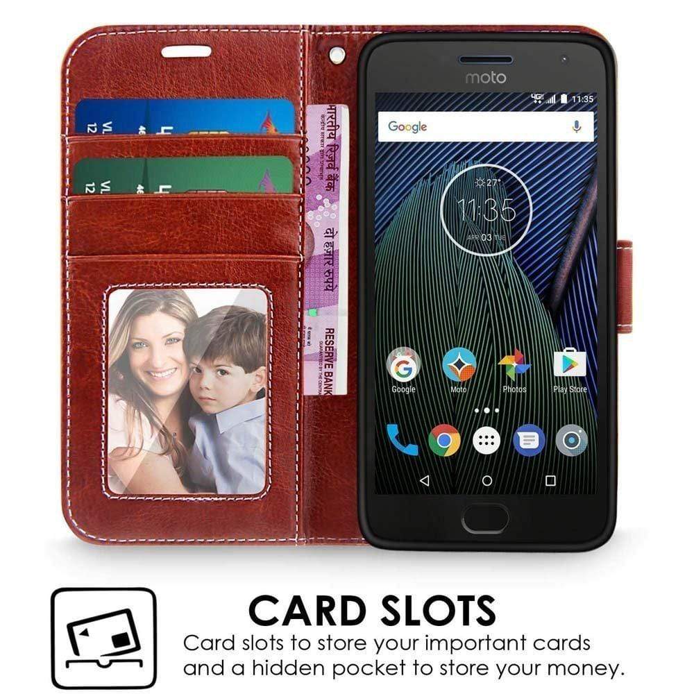 Moto G5 Cover, REALIKE&trade; {Imported} Shockproof Premium Leather Wallet Flip Case Cover For Moto G5 [Royal Brown]