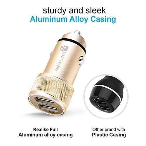 REALIKE®Car Charger,USB Car Quick Charger Metal Dual Car Adapter, Compatible with iPhone Xs XS Max XR X 8 7 Plus, iPad Pro Air Mini, Galaxy S9, Nexus, LG, HTC and More (Black)