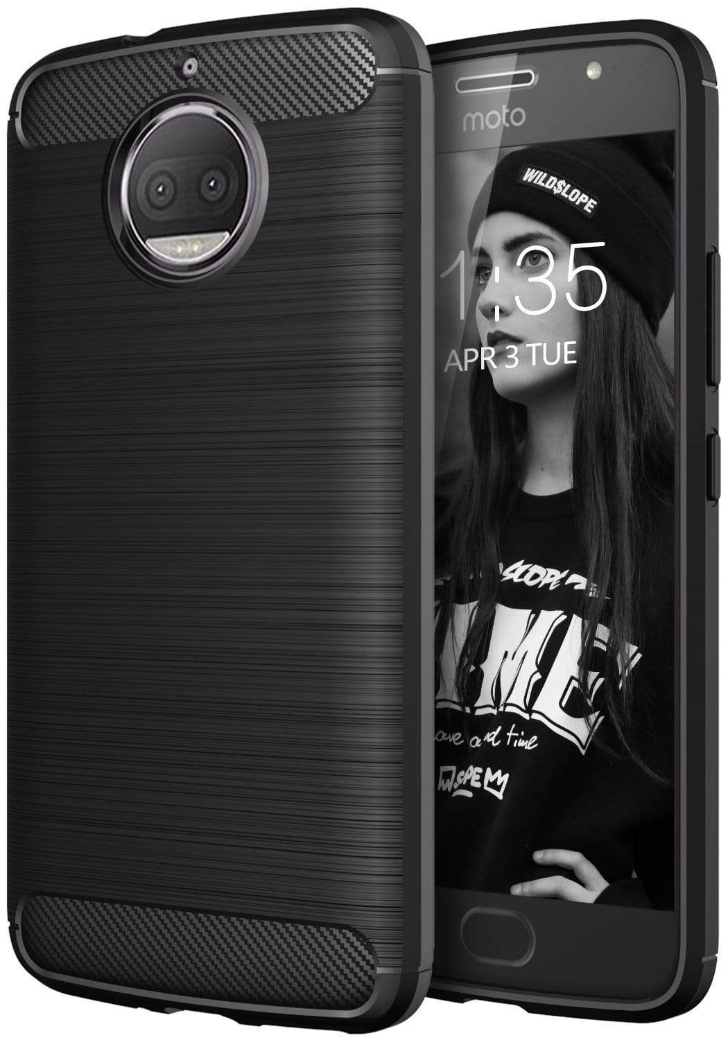 REALIKE® Moto G5S Plus Cover, Flexible Carbon Fiber TPU Protective Case Cover For Motorola Moto G5S Plus - Lunar Black