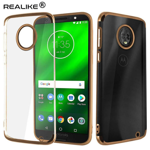 Image of REALIKE® Moto G6 Plus Cover, Metal Electroplating Technology -Slim Ultra-Thin Full Transparent Case Soft Skin Protective Back Cover for Moto G6 Plus (Clear-Gold)
