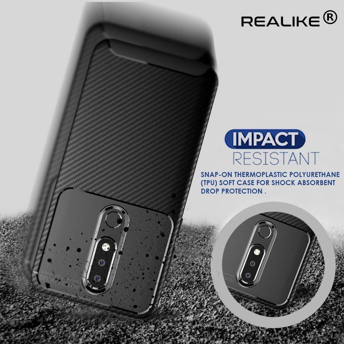 REALIKE® Nokia 6.1 Plus Back Cover, Premium Tough Rugged Armor Carbon Fiber Shockproof Soft Silicon TPU Back Cover Case for Nokia 6.1 Plus 2018 (Carbon Fiber Series Black)