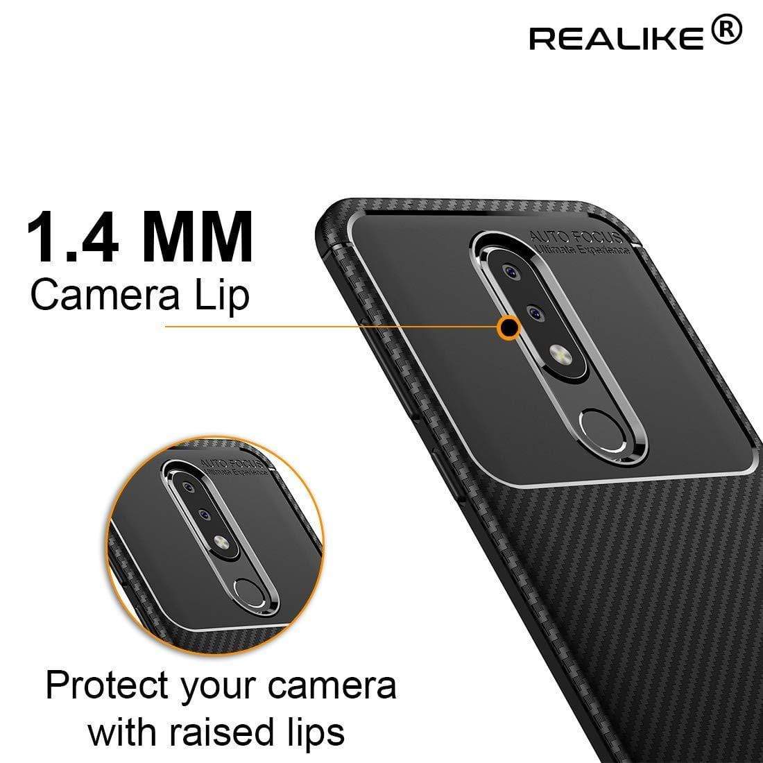 REALIKE® Nokia 6.1 Plus Back Cover, Premium Tough Rugged Armor Carbon Fiber Shockproof Soft Silicon TPU Back Cover Case for Nokia 6.1 Plus 2018 (Carbon Fiber Series Black)