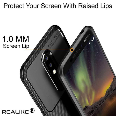 REALIKE® Nokia 6.1 Plus Back Cover, Premium Tough Rugged Armor Carbon Fiber Shockproof Soft Silicon TPU Back Cover Case for Nokia 6.1 Plus 2018 (Carbon Fiber Series Black)