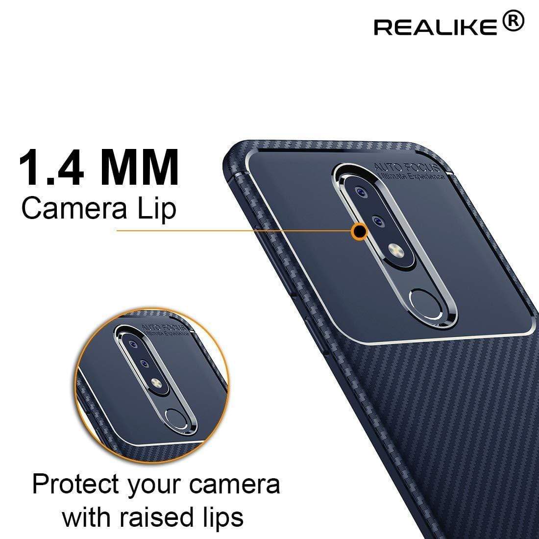 REALIKE® Nokia 6.1 Plus Back Cover, Premium Tough Rugged Armor Carbon Fiber Shockproof Soft Silicon TPU Back Cover Case for Nokia 6.1 Plus 2018 (Carbon Fiber Series Blue)