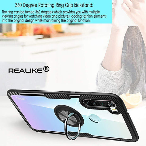 Image of REALIKE Redmi Note 8 Back Cover, Transparent Anti Scratch with Metallic 360 Ring Back Case for Redmi Note 8 (Clear/Black)