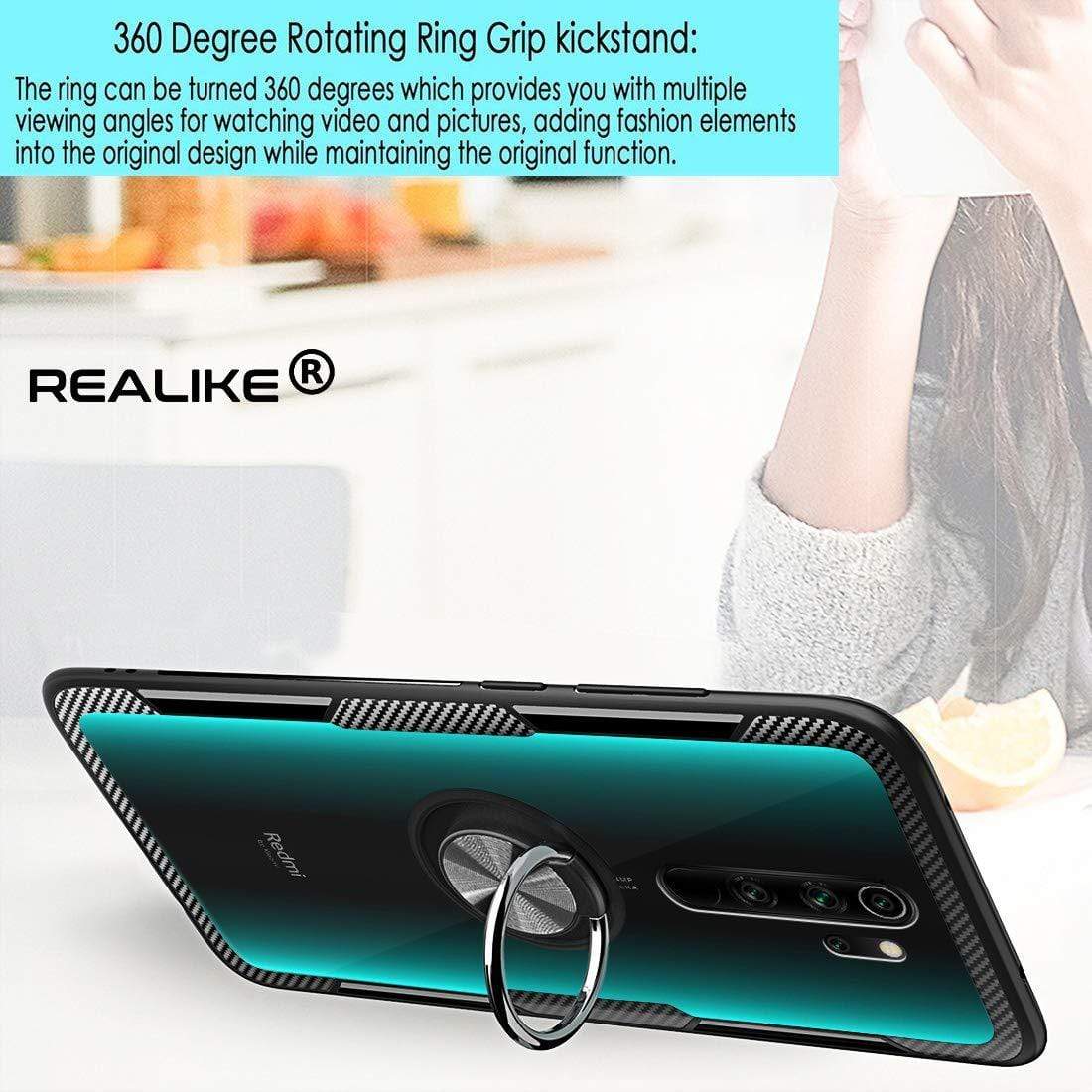 REALIKE Redmi Note 8 Pro Back Cover, Transparent Anti Scratch with Metallic 360 Ring Back Case for Redmi Note 8 Pro (Clear/Black)
