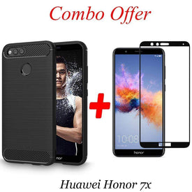 REALIKE&reg; Honor 7X Back Case with Screen Protector Combo, Carbon Fiber Premium Quality Back Case with 9H Full Coverage HD Clear Tempered Glass for Honor 7X (Black)