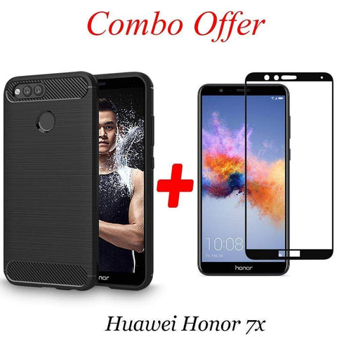 REALIKE&reg; Honor 7X Back Case with Screen Protector Combo, Carbon Fiber Premium Quality Back Case with 9H Full Coverage HD Clear Tempered Glass for Honor 7X (Black)