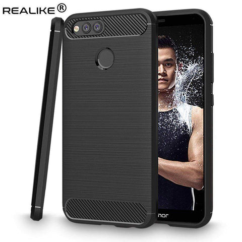 Image of REALIKE&reg; Honor 7X Back Case with Screen Protector Combo, Carbon Fiber Premium Quality Back Case with 9H Full Coverage HD Clear Tempered Glass for Honor 7X (Black)