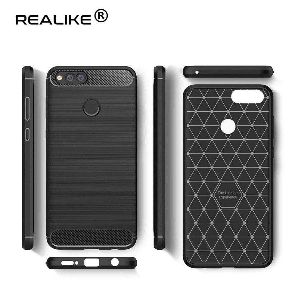 REALIKE&reg; Huawei Honor 7X Back Cover Flexible Carbon Fiber Design Light weight Shockproof Back Case for Honor 7X (BLACK)