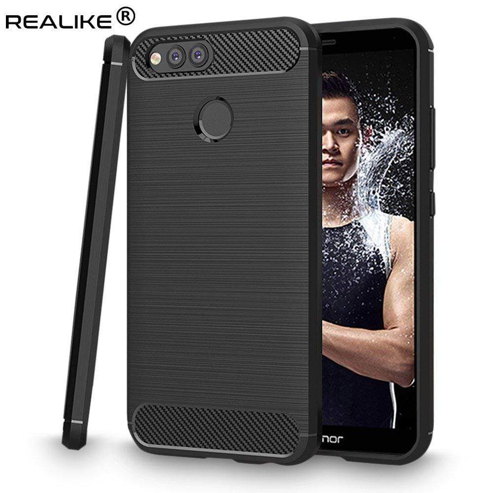 REALIKE&reg; Huawei Honor 7X Back Cover Flexible Carbon Fiber Design Light weight Shockproof Back Case for Honor 7X (BLACK) (Black)