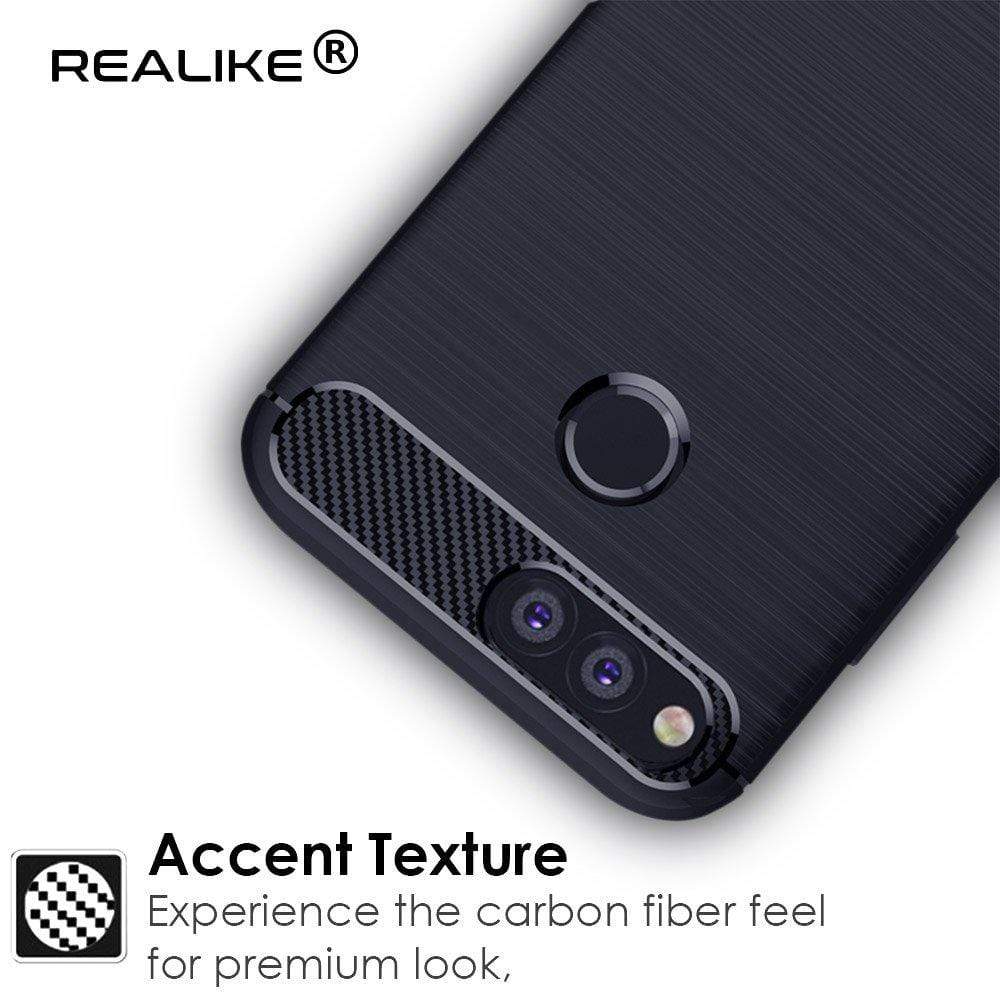 REALIKE&reg; Huawei Honor 7X Back Cover Flexible Carbon Fiber Design Light weight Shockproof Back Case for Honor 7X (BLACK) (Black)