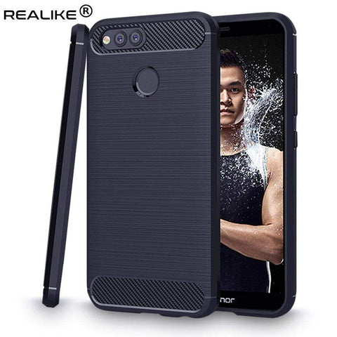 Image of REALIKE&reg; Huawei Honor 7X Back Cover Flexible Carbon Fiber Design Light weight Shockproof Back Case for Honor 7X (BLACK) (Blue)