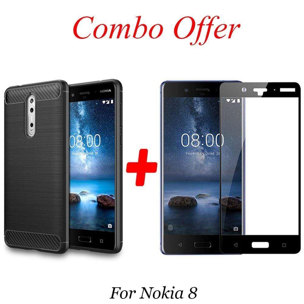 REALIKE&reg; Nokia 8 Back Case with Screen Protector Combo, Carbon Fiber Premium Quality Back Case with 9H Full Coverage HD Clear Tempered Glass for Nokia 8 (Black)
