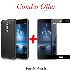 REALIKE&reg; Nokia 8 Back Case with Screen Protector Combo, Carbon Fiber Premium Quality Back Case with 9H Full Coverage HD Clear Tempered Glass for Nokia 8 (Black)