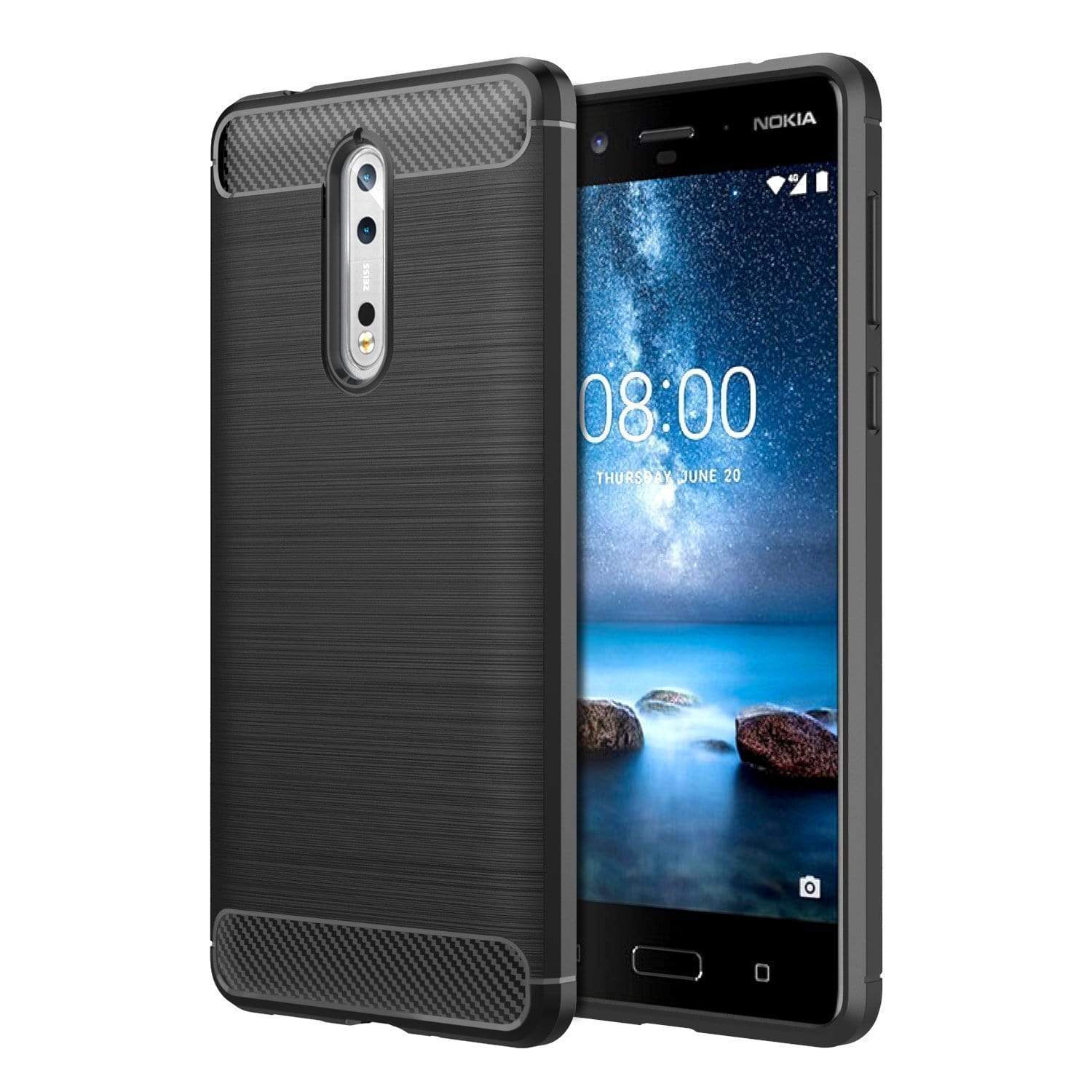 REALIKE&reg; Nokia 8 Back Case with Screen Protector Combo, Carbon Fiber Premium Quality Back Case with 9H Full Coverage HD Clear Tempered Glass for Nokia 8 (Black)