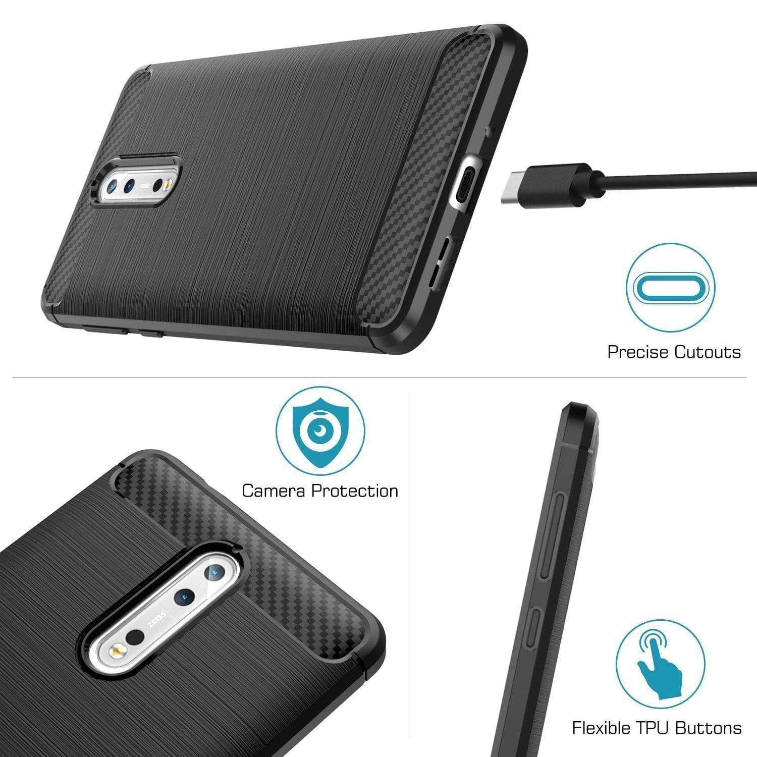 REALIKE&reg; Nokia 8 Back Case with Screen Protector Combo, Carbon Fiber Premium Quality Back Case with 9H Full Coverage HD Clear Tempered Glass for Nokia 8 (Black)