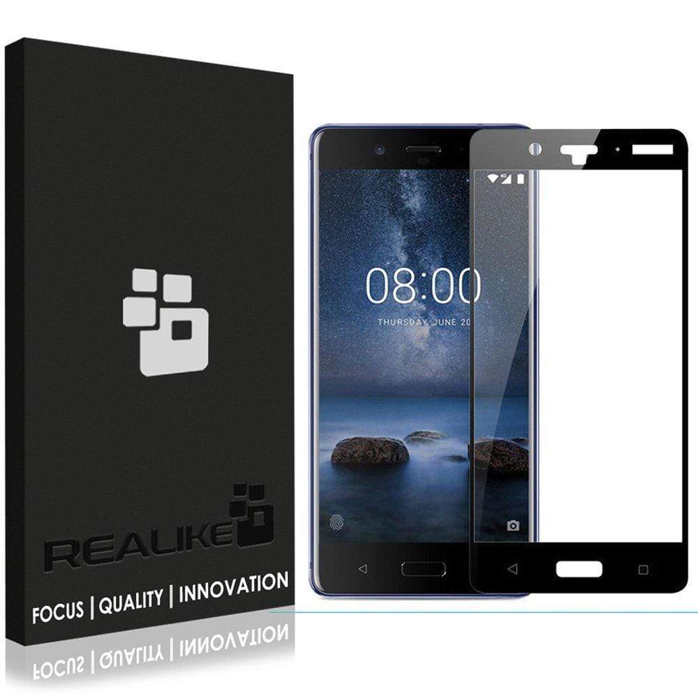 REALIKE&reg; Nokia 8 Back Case with Screen Protector Combo, Carbon Fiber Premium Quality Back Case with 9H Full Coverage HD Clear Tempered Glass for Nokia 8 (Black)