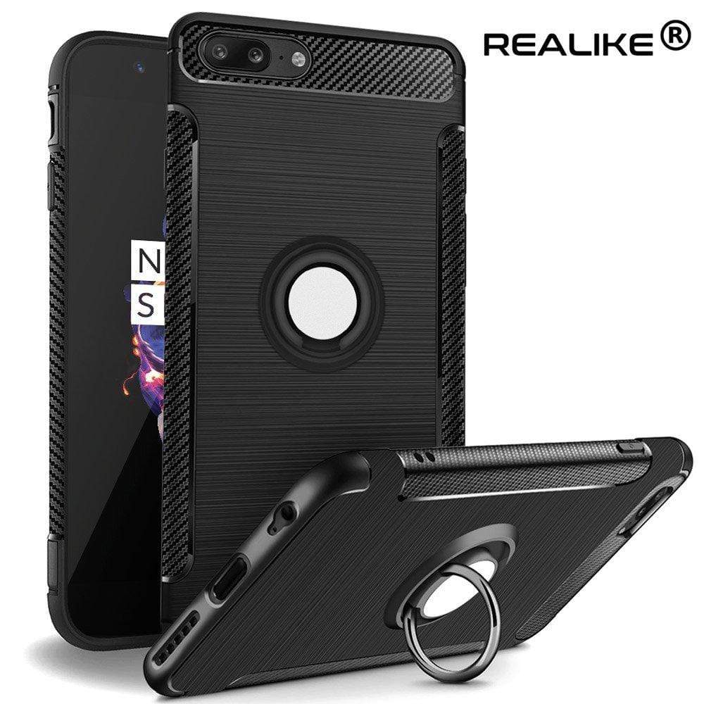REALIKE&reg; OnePlus 5 Cover, Aemotoy Protective Armor Bumper W 360 Degrees Ring Kickstand Shockproof Defender Case For OnePlus Five - Carbon Black