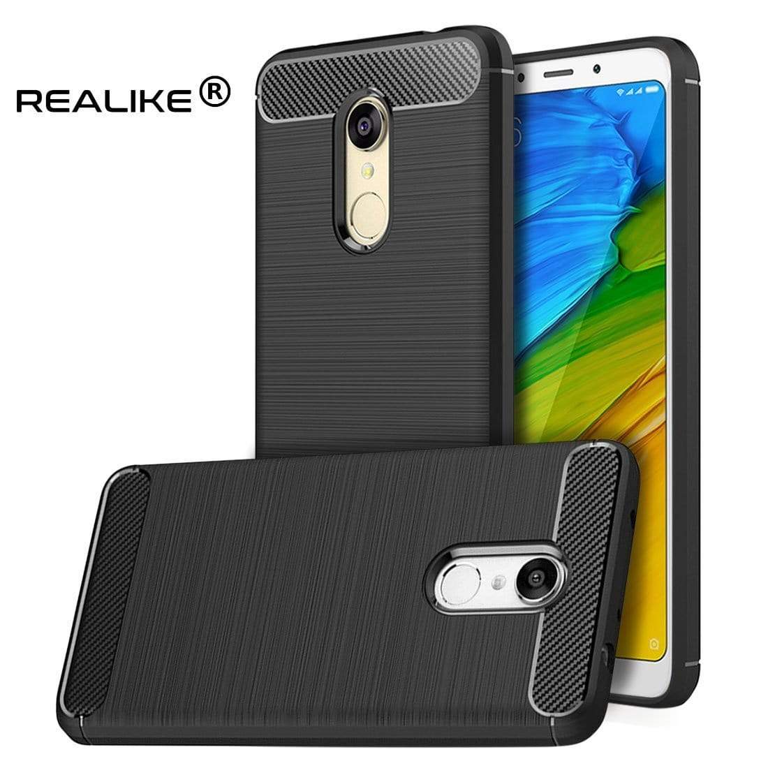 REALIKE&reg; Redmi Note 5 Back Cover, Branded Case With Ultimate Protection From Drops, Flexible Carbon Fiber Back Cover For Xiaomi Redmi Note 5-2018 (REDMI NOTE 5, BLACK)