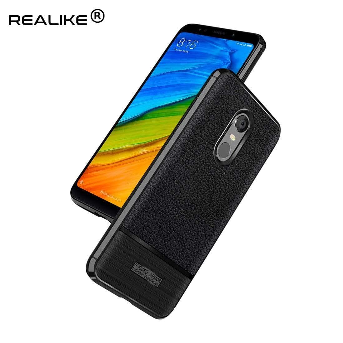 REALIKE&reg; Redmi Note 5 Back Cover, Branded Case With Ultimate Protection From Drops, Flexible Carbon Fiber Back Cover For Xiaomi Redmi Note 5-2018 (REDMI NOTE 5, LITCHI BLACK)