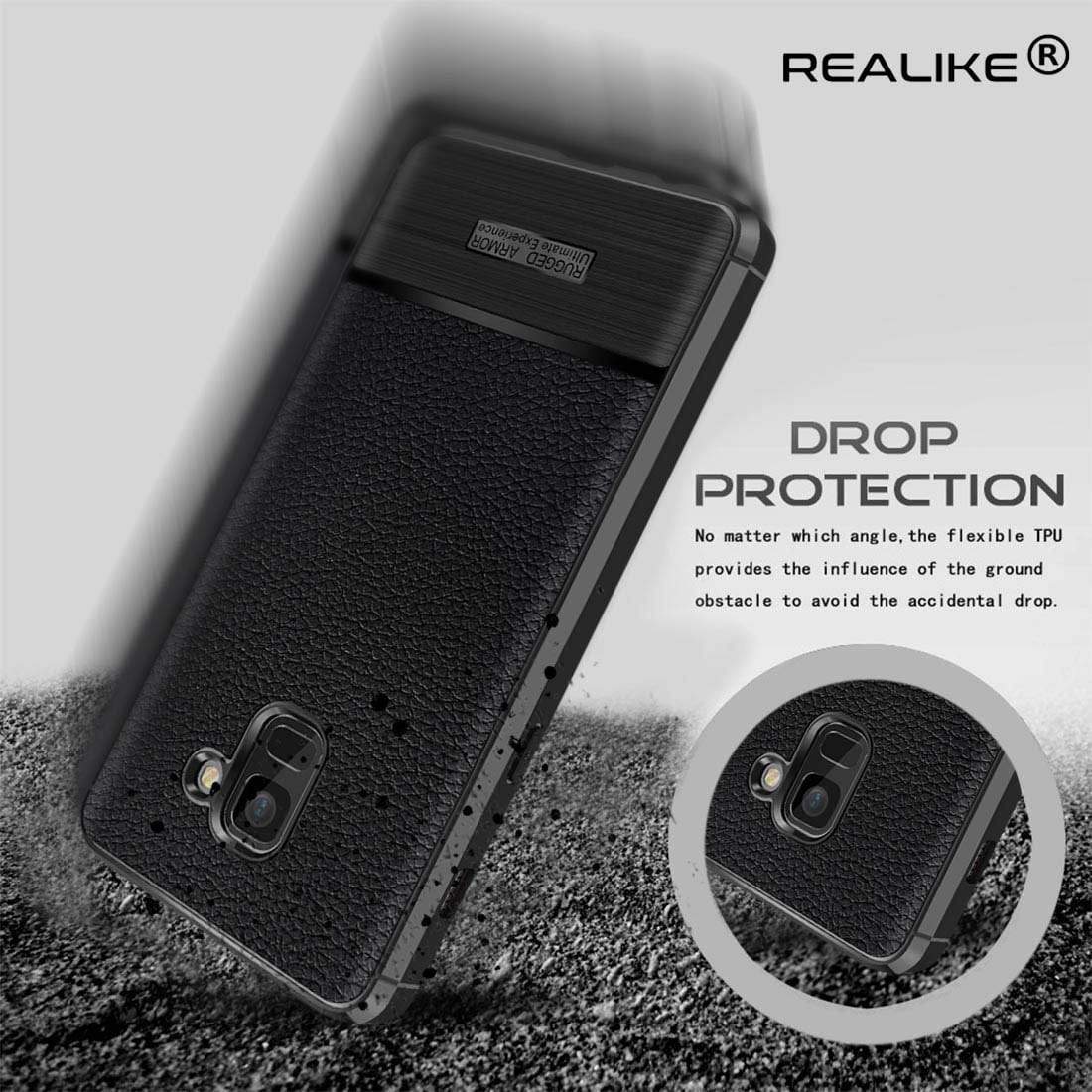 REALIKE&reg; Samsung A8 Plus Cover, Anti-fingerprint Soft Silicone Slim Litchi Skin Rugged Armor Back Cover Case for Samsung A8 Plus 2018 (BLACK)