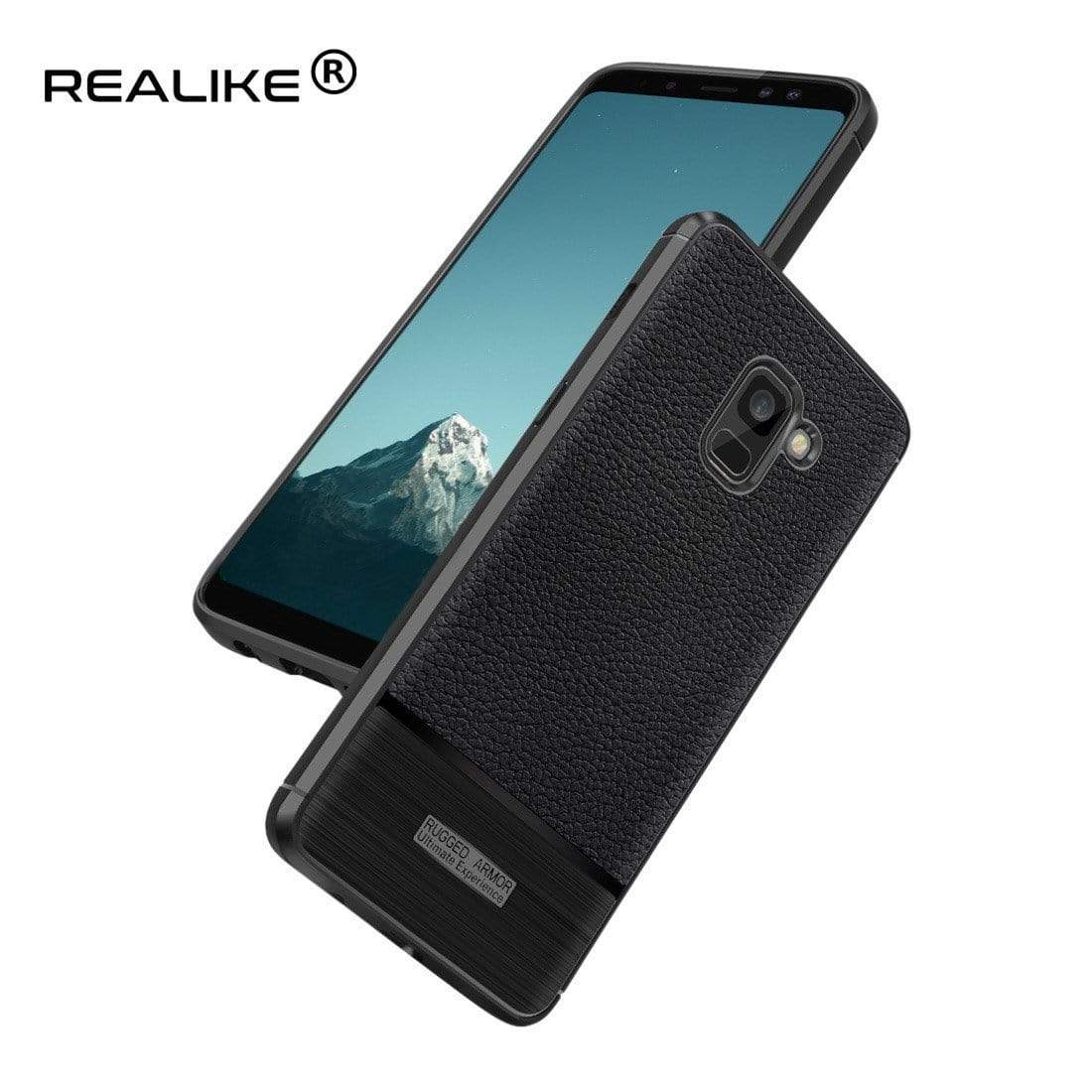 REALIKE&reg; Samsung A8 Plus Cover, Anti-fingerprint Soft Silicone Slim Litchi Skin Rugged Armor Back Cover Case for Samsung A8 Plus 2018 (BLACK)
